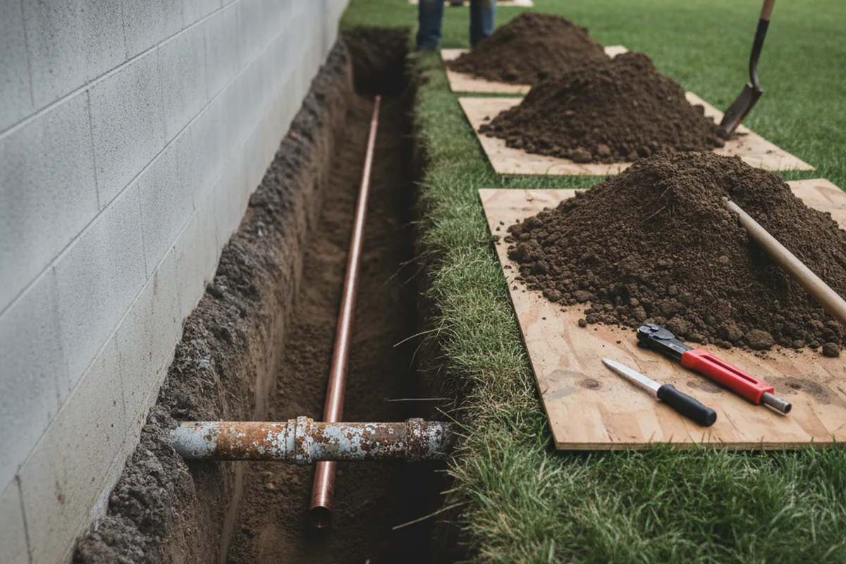 Excavated water line trench during Sewer Line Repair in Burgin